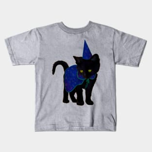 Halloween Black Kitten Dressed In Wizard Costume Kids T-Shirt